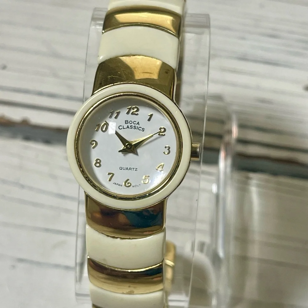 NEW BATTERY Vintage 90's Women’s Bangle Watch Boca Classics Gold White Ivory‎